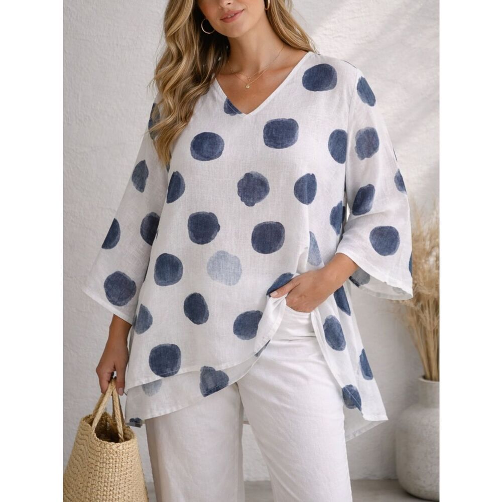 Kaktus Linen Tunic Top White Blue Polka Dot V-Neck Made in Italy Size M